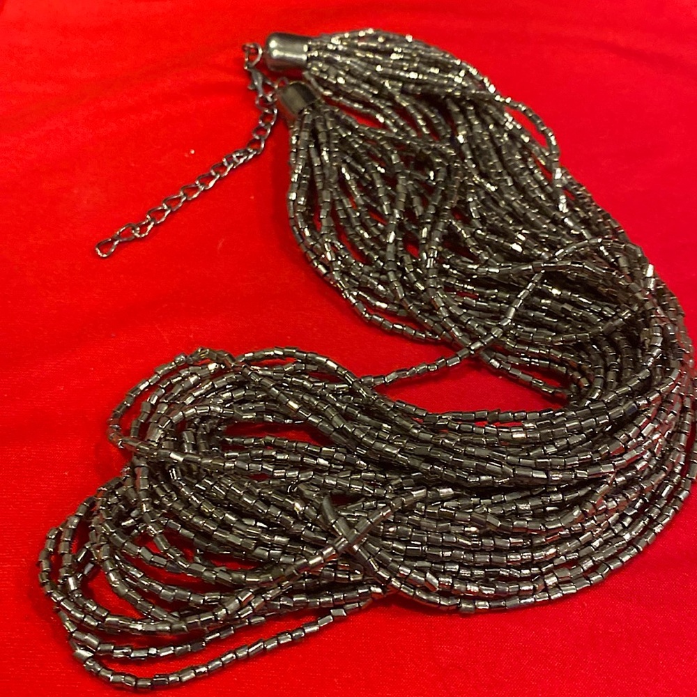 21 Strands Silver Tone and Gunmetal Seed Bead Necklace. Glass.